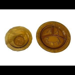 Vintage amber Tiara nursery rhyme bowl and plate set